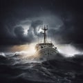 Navy Destroyer in high seas on the ocean at night with a full moon Royalty Free Stock Photo