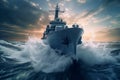 Navy Destroyer in high seas on the ocean at night with a full moon Royalty Free Stock Photo