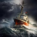 Navy Destroyer in high seas on the ocean at night with a full moon Royalty Free Stock Photo