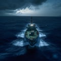 Navy Destroyer in high seas on the ocean at night with a full moon Royalty Free Stock Photo