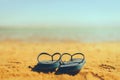 Navy flip flop on yellow sand beach with blue sea and sky background. Copy space. Summer, holiday and travel concept Royalty Free Stock Photo
