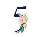 Navy Floral Number - digit 5 with flowers bouquet composition Royalty Free Stock Photo