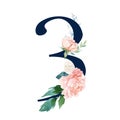 Navy Floral Number - digit 3 with flowers bouquet composition Royalty Free Stock Photo