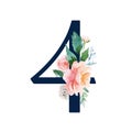 Navy Floral Number - digit 4 with flowers bouquet composition Royalty Free Stock Photo