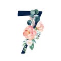Navy Floral Number - digit 7 with flowers bouquet composition Royalty Free Stock Photo