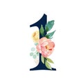Navy Floral Number - digit 1 with flowers bouquet composition Royalty Free Stock Photo