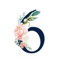 Navy Floral Number - digit 6 with flowers bouquet composition Royalty Free Stock Photo