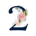 Navy Floral Number - digit 2 with flowers bouquet composition Royalty Free Stock Photo