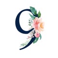 Navy Floral Number - digit 9 with flowers bouquet composition Royalty Free Stock Photo