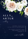 Navy floral wedding invite card. Vector elegant watercolor powder, beige, white garden rose flowers, greenery eucalyptus leaves Royalty Free Stock Photo