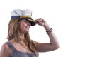 Navy headgear. Attractive brave girl with dimples and marine cap