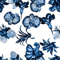 Navy Hibiscus Garden. Azure Flower Leaves. Indigo Watercolor Leaves. Blue Floral Foliage. Seamless Painting. Pattern Print. Tropic