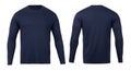 Navy long sleeve t-shirt front and back view mock-up isolated on white background with clipping path.