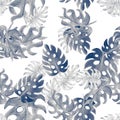 Navy Monstera Pattern Decor. Seamless Painting. Blue Watercolor Backdrop. Tropical Illustration. Floral Decor. Summer Foliage.Vint Royalty Free Stock Photo