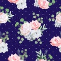 Navy pattern with bouquets of rose, peony, anemone, brunia flowers and eucaliptis leaves