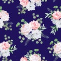 Navy pattern with bouquets of rose, peony, anemone, brunia flowers and eucalyptus leaves