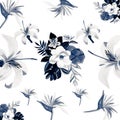 Navy Pattern Illustration. Indigo Tropical Illustration. Gray Floral Vintage. Azure Flora Textile. White Decoration Botanical.