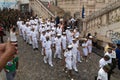 Navy personnel are seen descending the slope of Pelourinho during the civic parade of the independence of Bahia, in Salvador