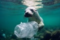 Navy seal with plastic garbage. Ocean plastic pollution. Ecological catatsrophe