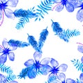 Navy Seamless Art. Blue Pattern Leaves. Cobalt Tropical Art. Gray Spring Foliage. Indigo Decoration Art.