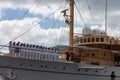 Navy ship with danish royal family member arriving at the docks of Helsingor, Denmark