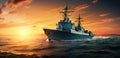 navy ship in the ocean on a sunset Royalty Free Stock Photo