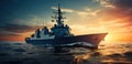 navy ship in the ocean on a sunset Royalty Free Stock Photo