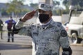 Navy soldier during civic event in honors of the flag of mexico, military greeting