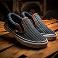 Navy And Tan Vans Slip On: Detailed Scanner Photography Style