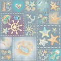 Navy vector seamless pattern. Waves, crab, wheel, anchor, star, heart. Royalty Free Stock Photo