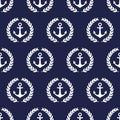 Navy vector seamless patterns with anchor and laurel wreath.