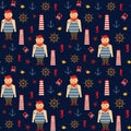 Navy vector seamless sea pattern: bearded sailor, lighthouse, anchor and seahorse.