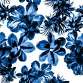 Navy Watercolor Wallpaper. Indigo Flower Palm. Blue Seamless Leaves. Azure Hibiscus Print. Pattern Wallpaper. Tropical Background.