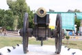 Cannon on wheels for war, Castle cannon for defend. Ancient Gun Barrel of the castle. Antique cannons on gun c