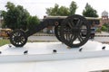 Cannon on wheels for war, Castle cannon for defend. Ancient Gun Barrel of the castle. Antique cannons on gun c