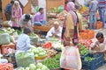 NAWALGARH, RAJASTHAN, INDIA - DECEMBER 28, 2017: Colorful street scene at the vegetable market with food stalls