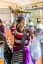 NAWNGHKIO, MYANMAR - NOVEMBER 30, 2016: Snack vendor in the train in Nawnghkio Naunghkio, Naungcho or Nawngcho near Gokteik