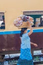 NAWNGHKIO, MYANMAR - NOVEMBER 30, 2016: Snack vendor on the train station in Nawnghkio Naunghkio, Naungcho or Nawngcho near