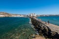 Naxos, Greece - July 12, 2019: View of Naxos capital Chora from the portara promenade