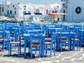 Resturant with blue tables and chairs in traditional Greek tavern Royalty Free Stock Photo