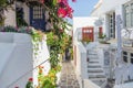 Naxos island Greece. Traditional whitewashed building plants and flowers souvenir shop paved alley Royalty Free Stock Photo