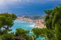 Naxxos, Sicily - Beautiful aerial landscape view of Giardini Naxxos town and beach with turquoise sea water and pine trees Royalty Free Stock Photo