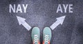 Nay and aye as different choices in life - pictured as words Nay, aye on a road to symbolize making decision and picking either