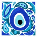 Nazar Boncuk hand drawn illustration. Square cartoon poster of Turkey amulet against evil eye. Blue pattern for t shirt or bag