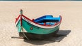 Colorful traditional old wooden fishing boat on the beach of fishing village of Nazare Royalty Free Stock Photo