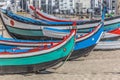 Detailed view of colored and traditional fishing boats on the Nazare beach