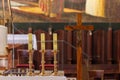 Candles and a crucifix stand on the main altar in the main hall of the St. Josephs Church in Nazareth, northern Israel