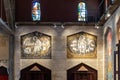 Decorative religious mosaics on walls of the upper floor of the Church of the Annunciation in the Nazareth city in northern Israel