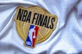 NBA Finals Stamp logo on a white basket ball Jersey