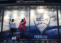 NBC Experience Store window display decorated with Sochi 2014 XXII Olympic Winter Games logo in Rockefeller Center Royalty Free Stock Photo